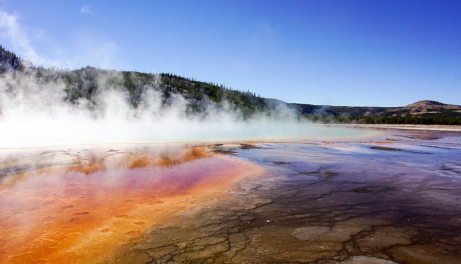 smoke over geyser, water, eruption, nature, outdoors, united states HD wallpaper
