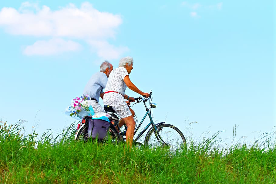 person, man, woman, people, couple, elderly, cycling, together