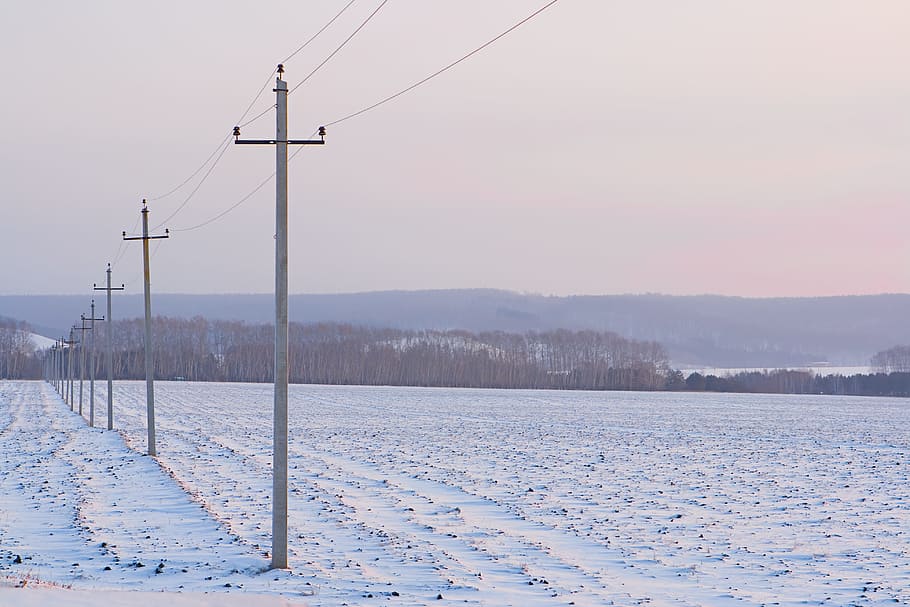 winter, snow, ural, blue, morning, powerlines, electricity HD wallpaper