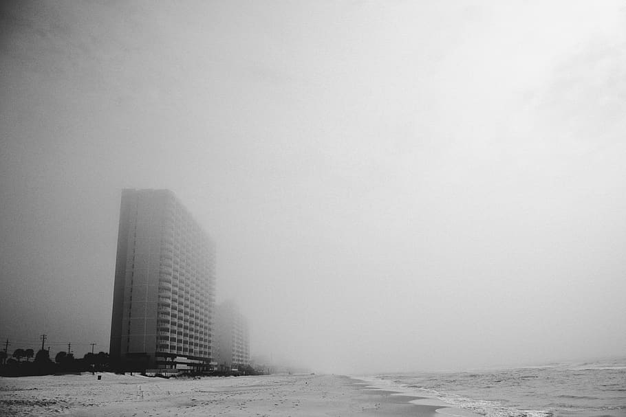 united states, panama city beach, building, black and white, HD wallpaper