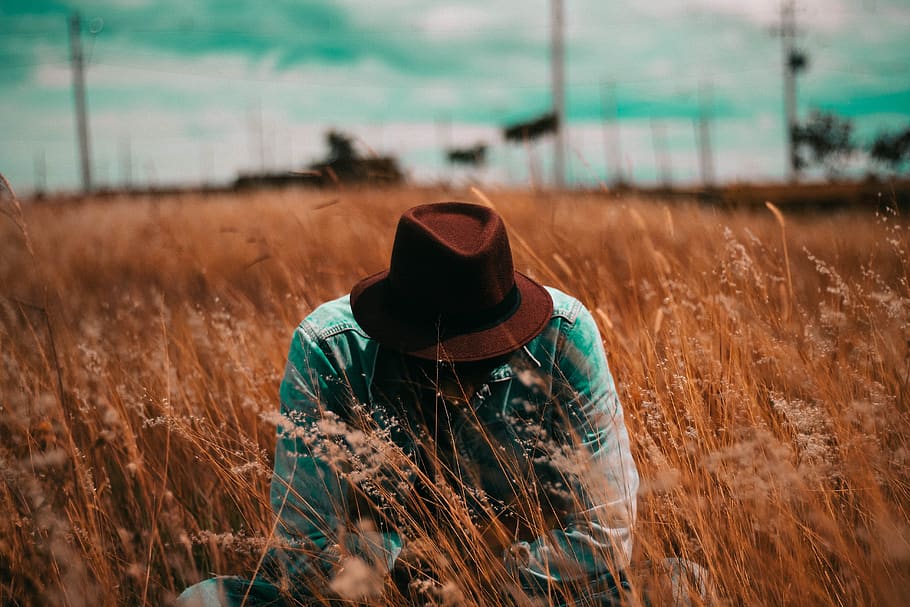 people, man, hat, denim, jacket, field, grass, blur, nature HD wallpaper