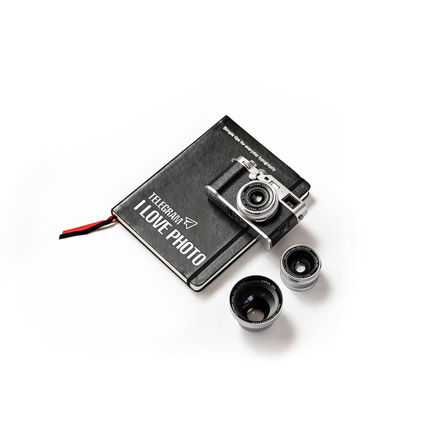 black camera with notebook and lens, electronics, digital camera HD wallpaper