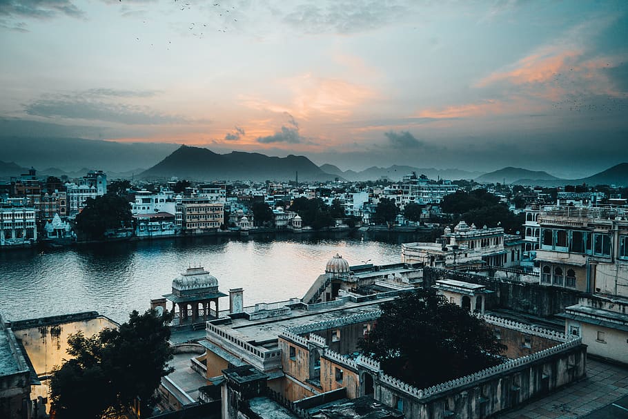 india, udaipur, lake, sunset, architecture, building exterior, HD wallpaper