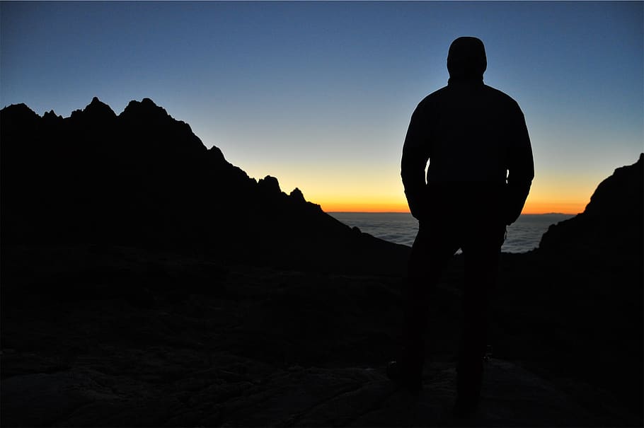 sunset, dusk, silhouette, man, guy, people, sky, standing, one person HD wallpaper
