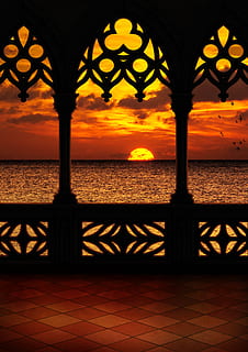balcony, sunset, sea, clouds, sunrise, twilight, oriental, travel HD wallpaper