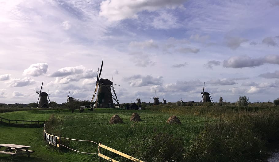 netherlands, kinderdijk, windmill, cloudy, landscape, sky, cloud - sky HD wallpaper
