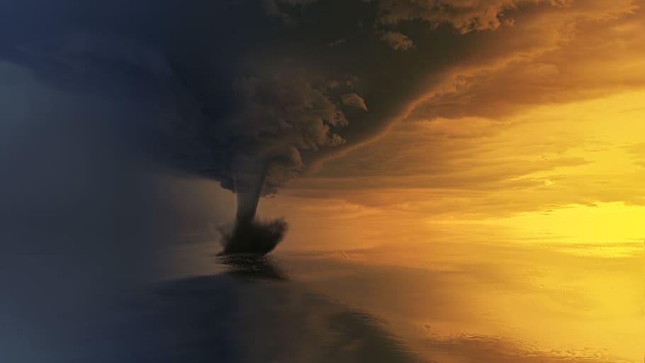 Tornado on Body of Water during Golden Hour, backlit, clouds HD wallpaper