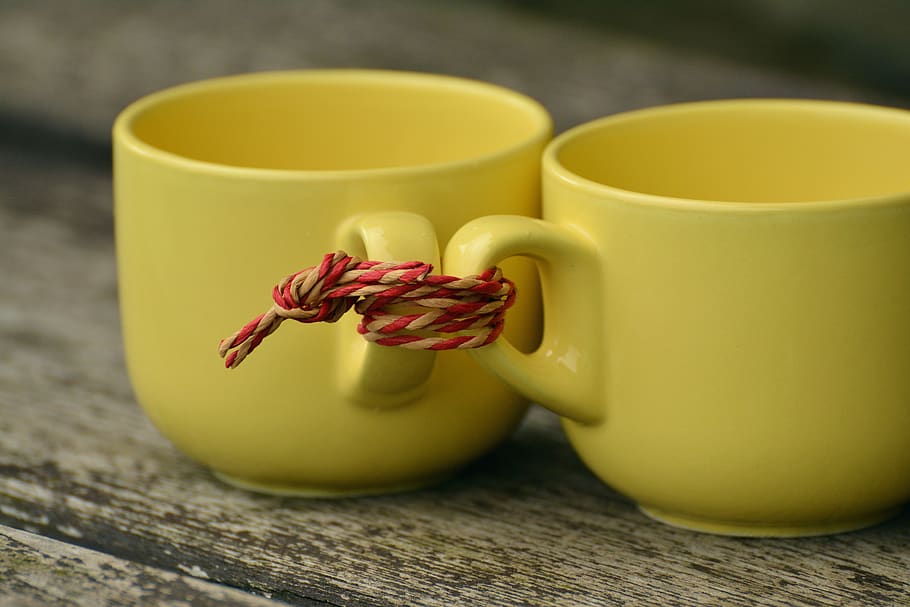 Two Yellow Mugs Tied Together With Rope, beverage, ceramic, cord HD wallpaper