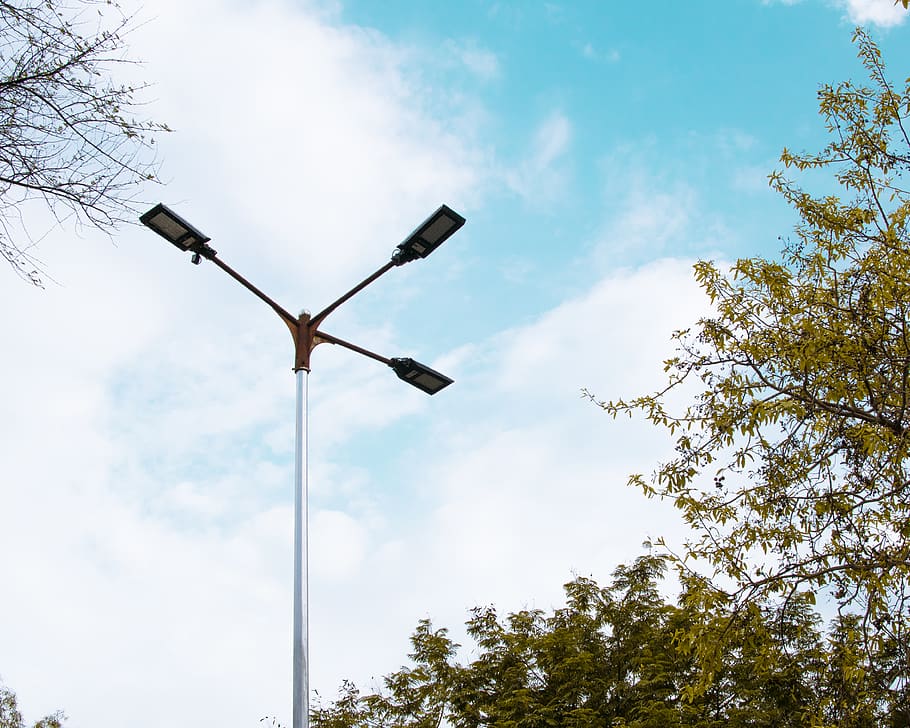 streetlight, sky, trees, blue, lamp, clouds, low angle view HD wallpaper