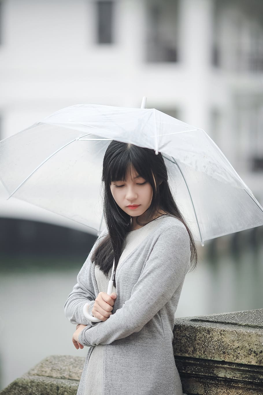 Woman Wearing Gray Sweater Holding Clear Umbrella, beautiful, HD wallpaper