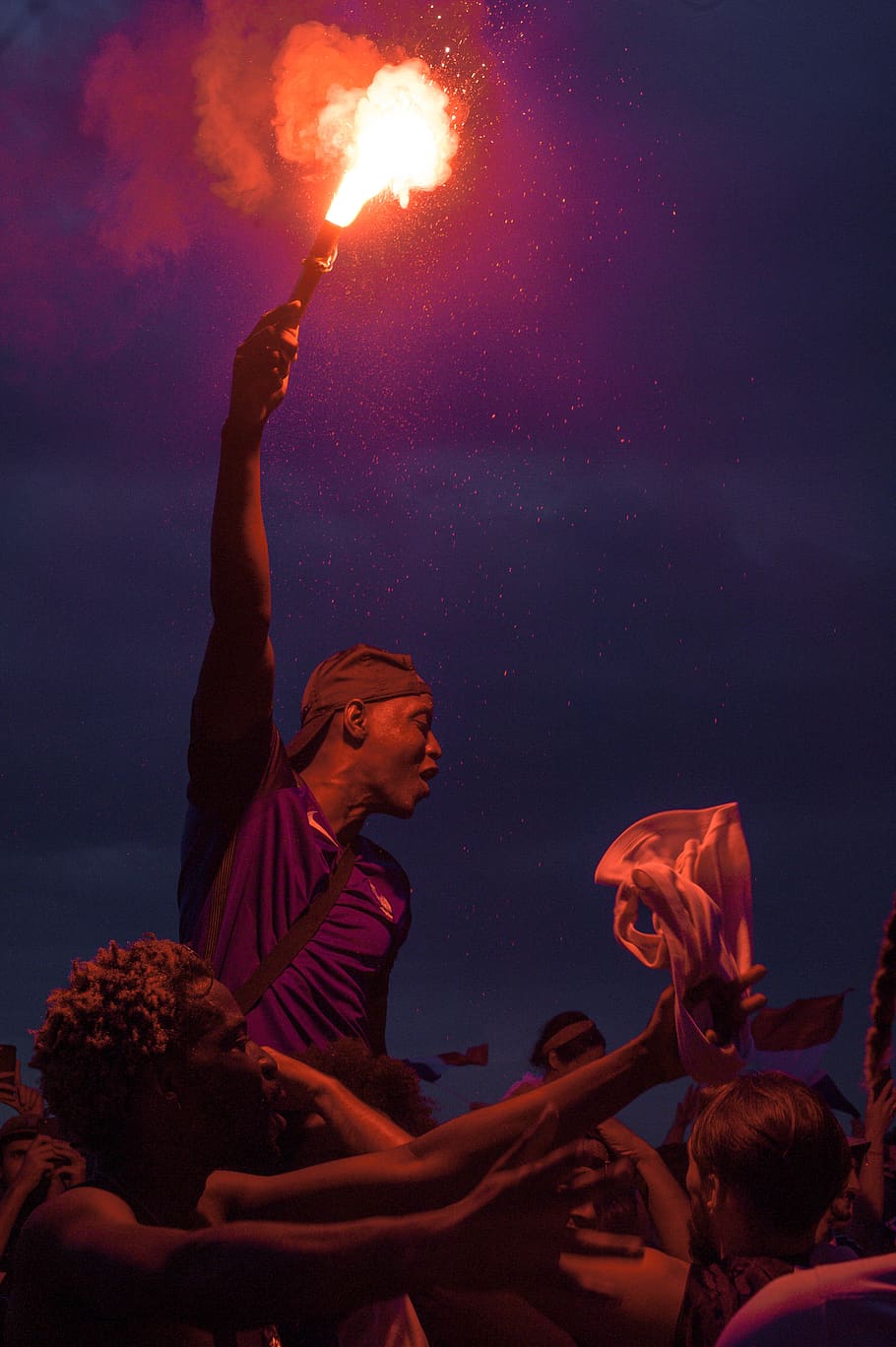 person holding fire, night, group of people, men, arts culture and entertainment HD wallpaper
