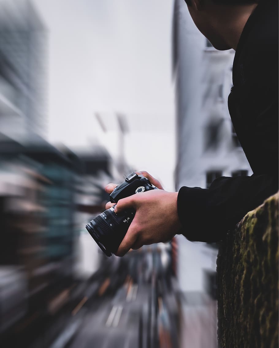 Women's Black Long Sleeve Dress, blurred background, camera, casual HD wallpaper