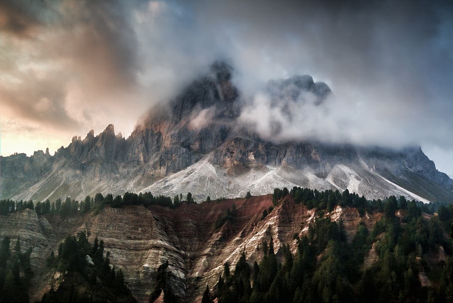 fogy mountain with green pine trees, scenics - nature, cloud - sky HD wallpaper