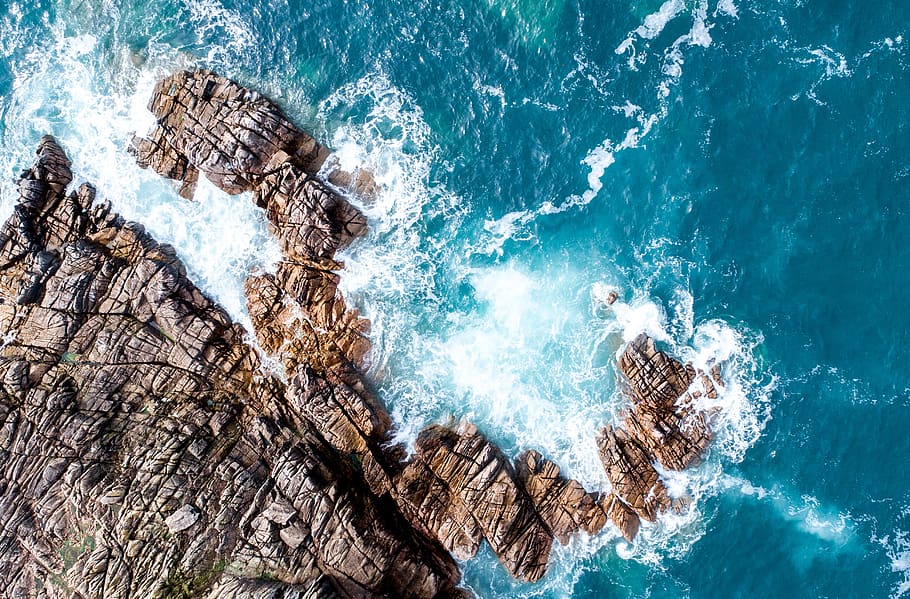 sea, ocean, water, waves, nature, rocks, aerial, view, motion HD wallpaper