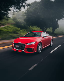 red Audi coupe on road near trees at daytime, car, fast, sport HD wallpaper