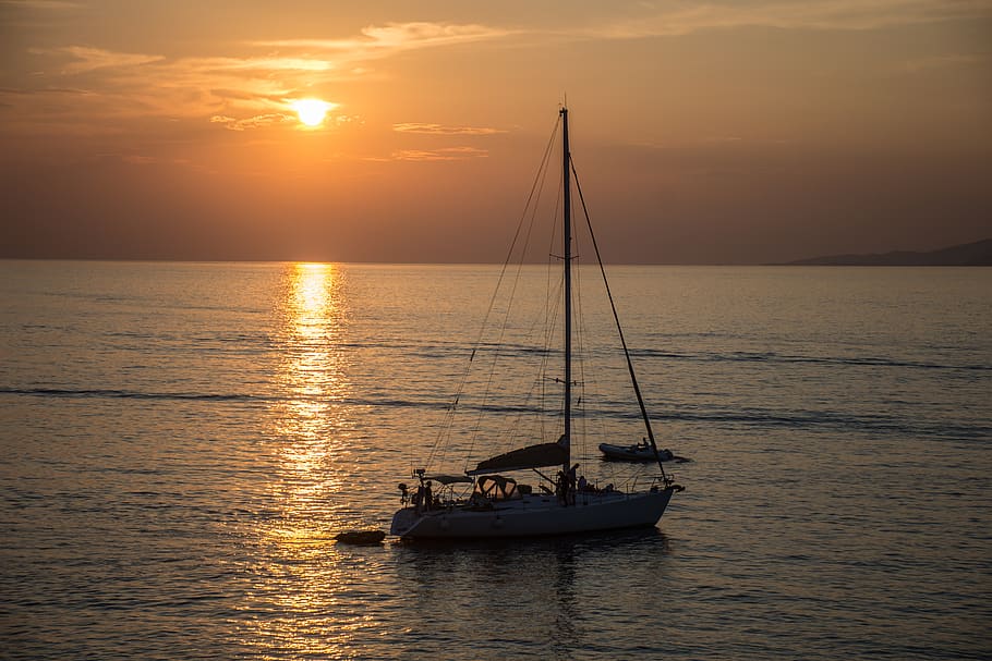 sunset, sea, sky, horizon, coast, water, romantic, light, boat HD wallpaper