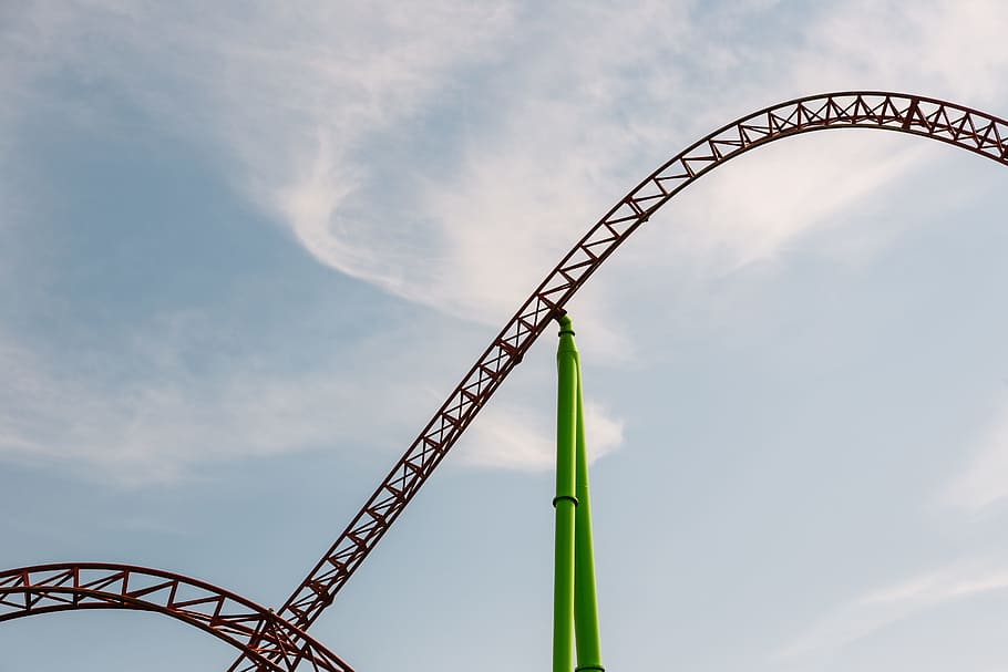 Gray Roller Coaster Taken Under White Clouds, amusement park HD wallpaper