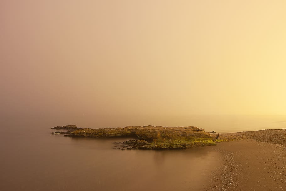 málaga, spain, playa misericordia, roca, rock, sunrise, quinoal, HD wallpaper