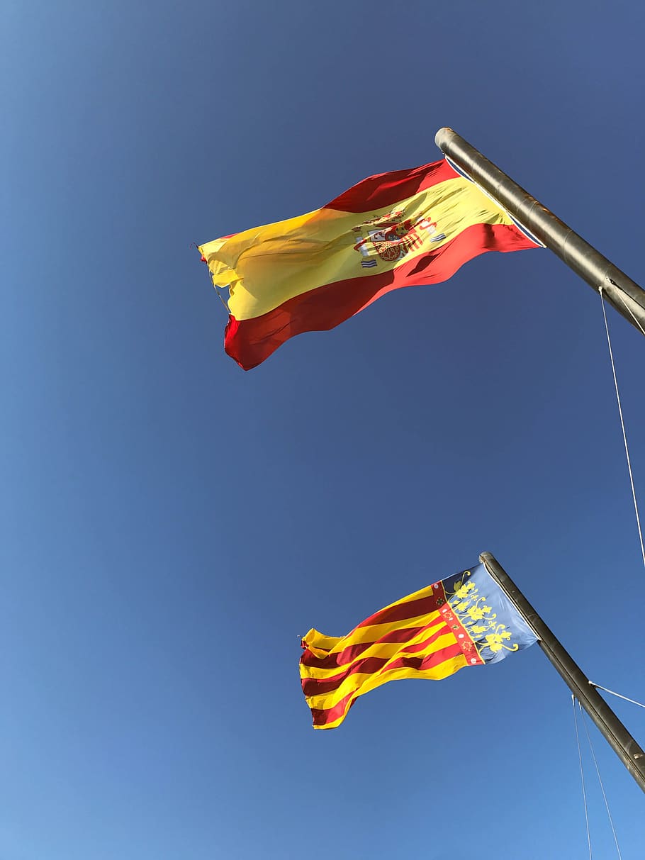 spain, valencia, flag, sky, patriotism, low angle view, wind HD wallpaper
