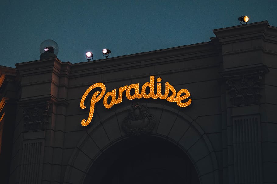Paradise signage, indoors, interior design, japan, osaka, universal studios japan HD wallpaper