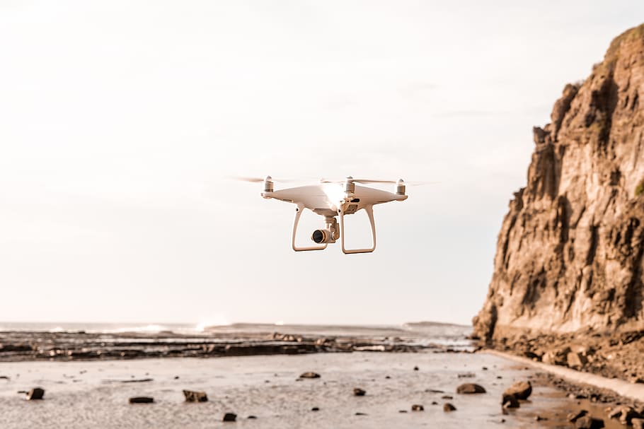 white drone near seashore, transportation, aircraft, vehicle HD wallpaper