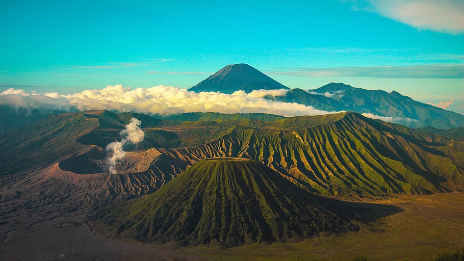 above, clouds, landscape, mountain, volcano, blue sky, beautiful HD wallpaper