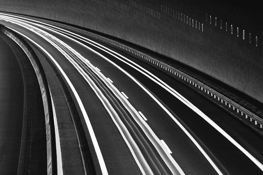 grayscale photo of tunnel, city, nightlife, highway, abstract, HD wallpaper
