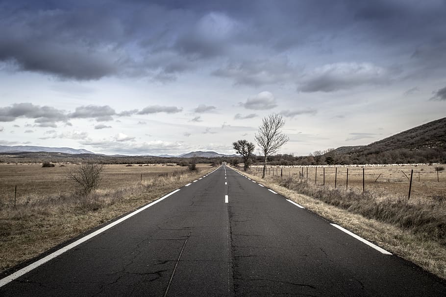 empty road between open field, way, highway, asphalt, tarmac