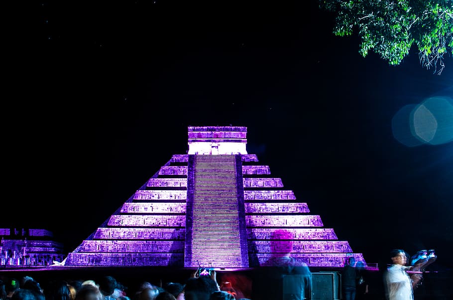 chichen itza, yucatan, merida, fergomez, mexico, night, illuminated, HD wallpaper