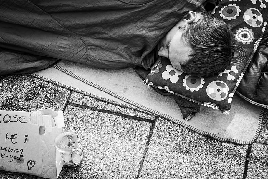 Man Sleeping on the Street, alone, black-and-white, blanket, bottle, HD wallpaper