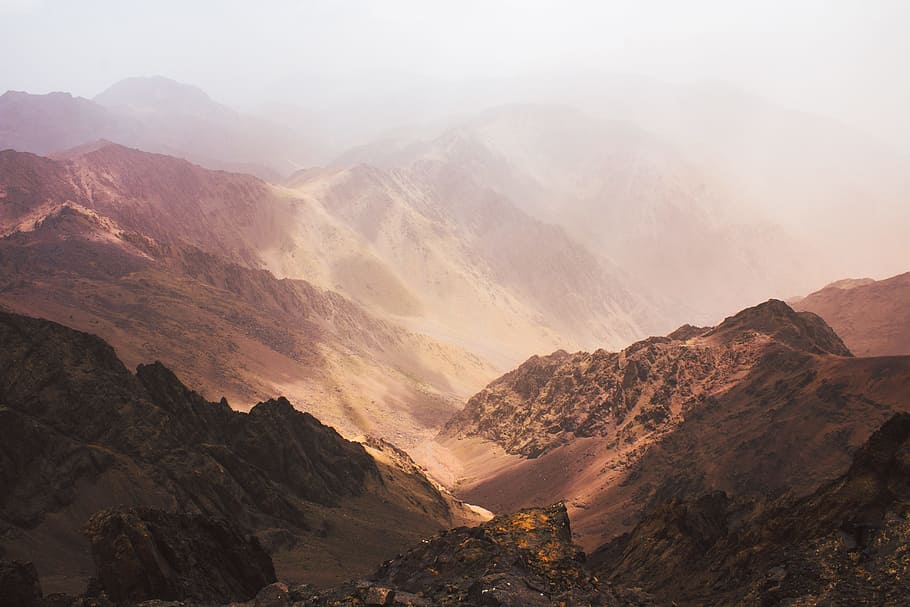 photo of brown mountains, landscape, valley, peak, mist, fog HD wallpaper