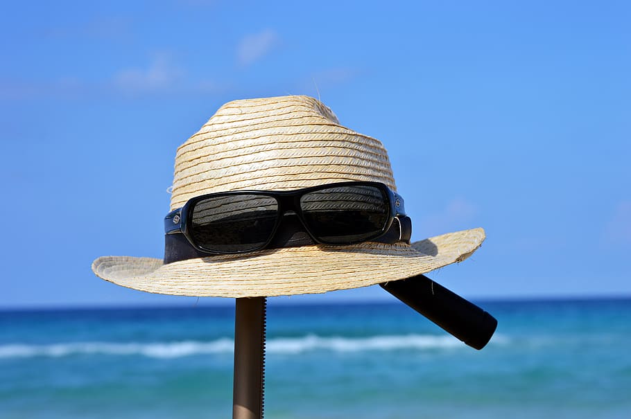 hat, sunglasses, vacations, summer, straw hat, coneflower, beach, HD wallpaper