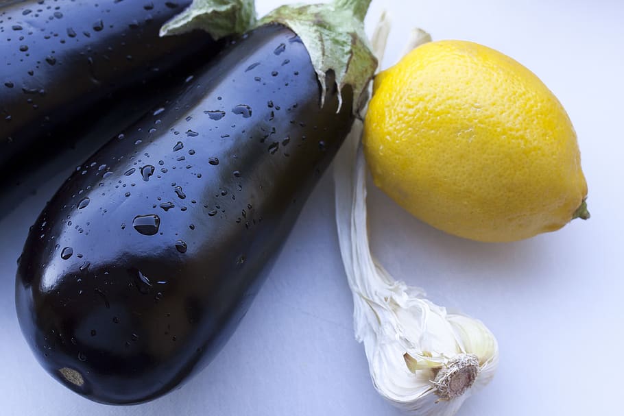 eggplant, lemon, garlic, cutting board, preparation, eat, healthy HD wallpaper
