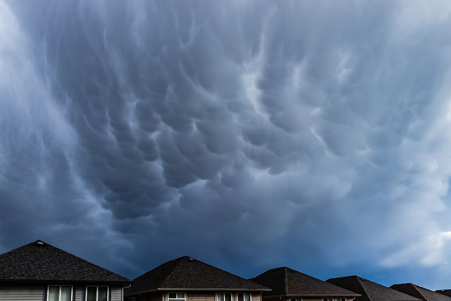 thunder, stormcloud, blue, roofline, suburban, roiftop, ominous, HD wallpaper