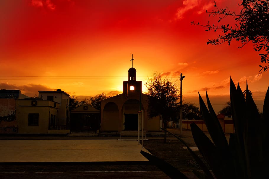 Orange Sunset, architecture, building, catholic, church, city HD wallpaper