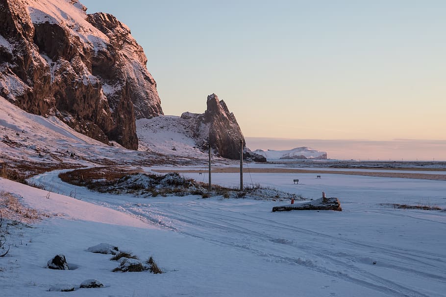 iceland, vík, vík í mýrdal, rocks, winter, moutains, sunrise