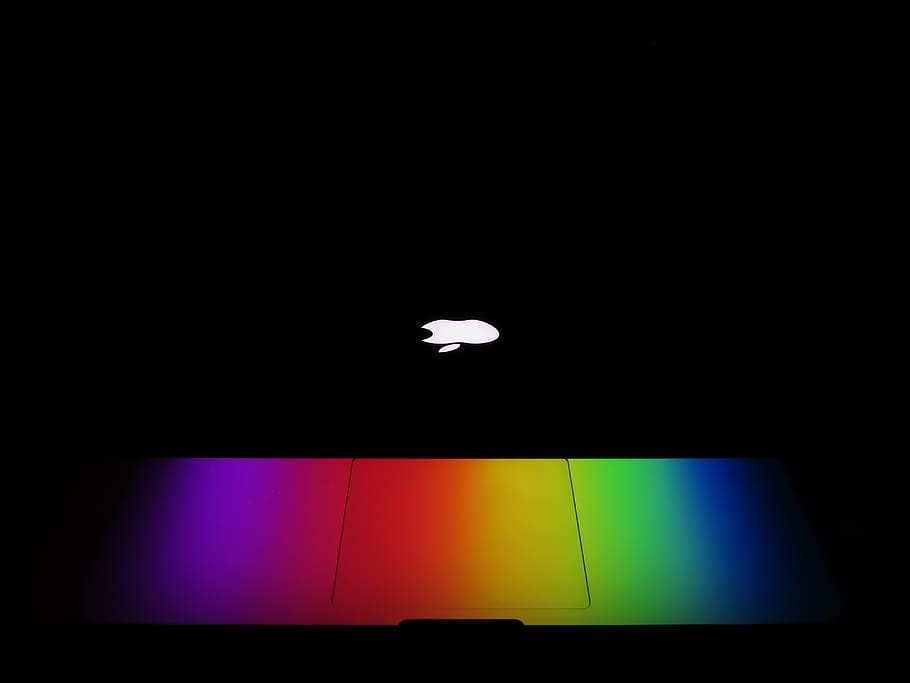 turned on Apple MacBook, light, color, abstract, dark, rainbow, HD wallpaper