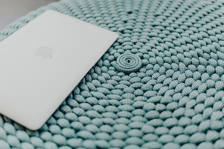 MacBook Laptop on a blue pouf, tech, technology, ottoman, close-up HD wallpaper