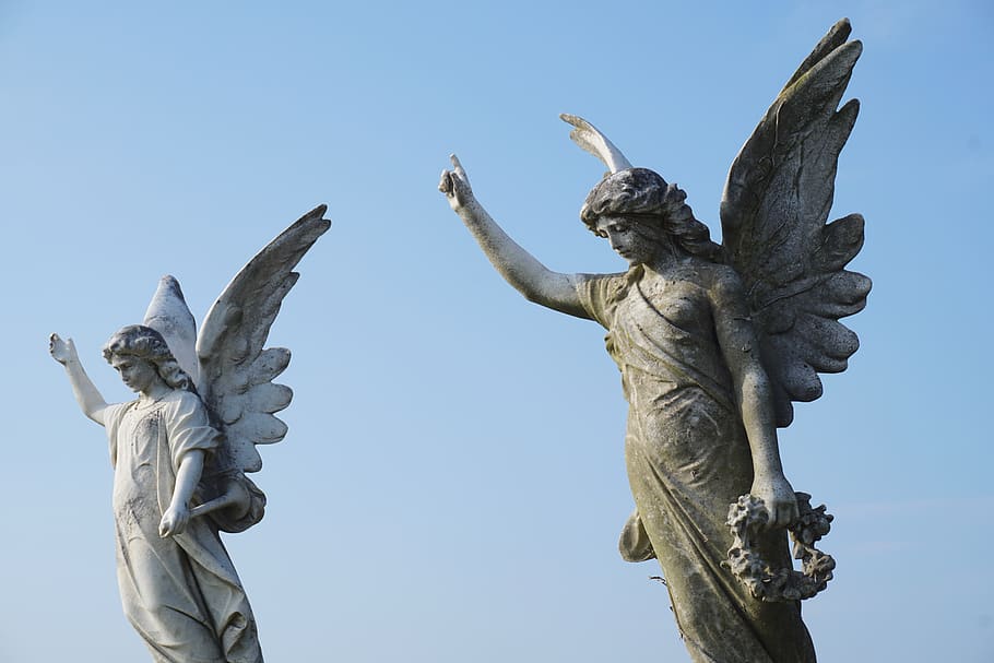 two angel statues, sculpture, art and craft, clear sky, representation HD wallpaper