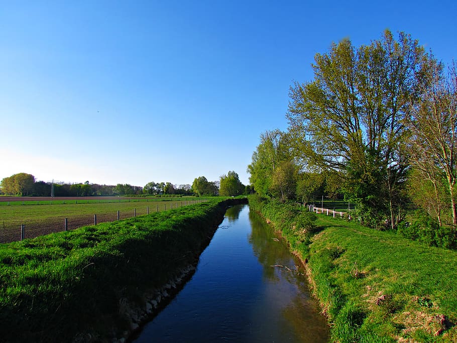 landscape, spring, fields, meadows, nature, green, brook, the brook HD wallpaper