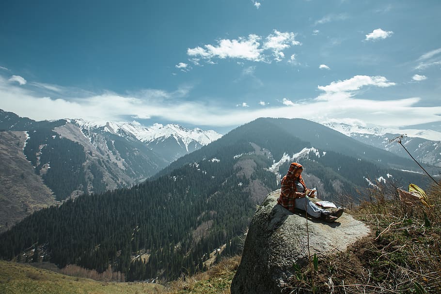 Person Sitting on Rock Near Cliff, adventure, climb, clouds, cold HD wallpaper