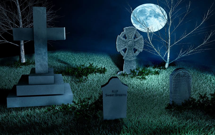 tombstones, cemetery, grave, gravestone, old, trees, halloween, HD wallpaper