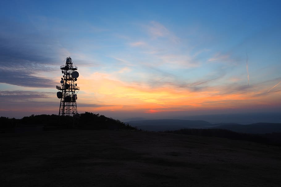 sunrise, transmission tower, morning, transmitter, clouds, blue, HD wallpaper