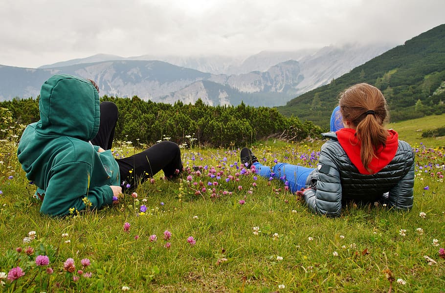 alps, mountains, nature, alpine, panorama, young, people, in the grass
