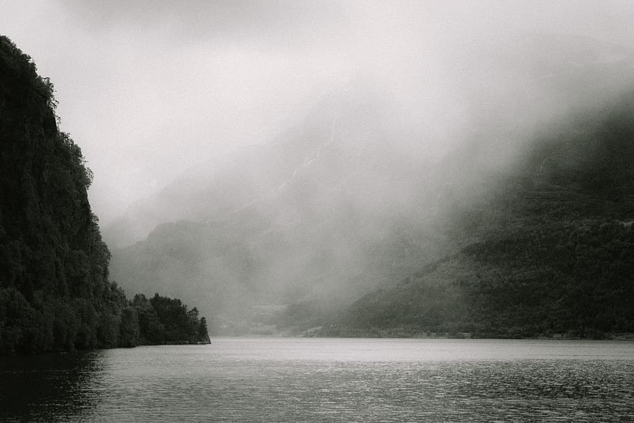 norvège, hovland, fjord, norway, sea, mountain, fog, rainy, HD wallpaper