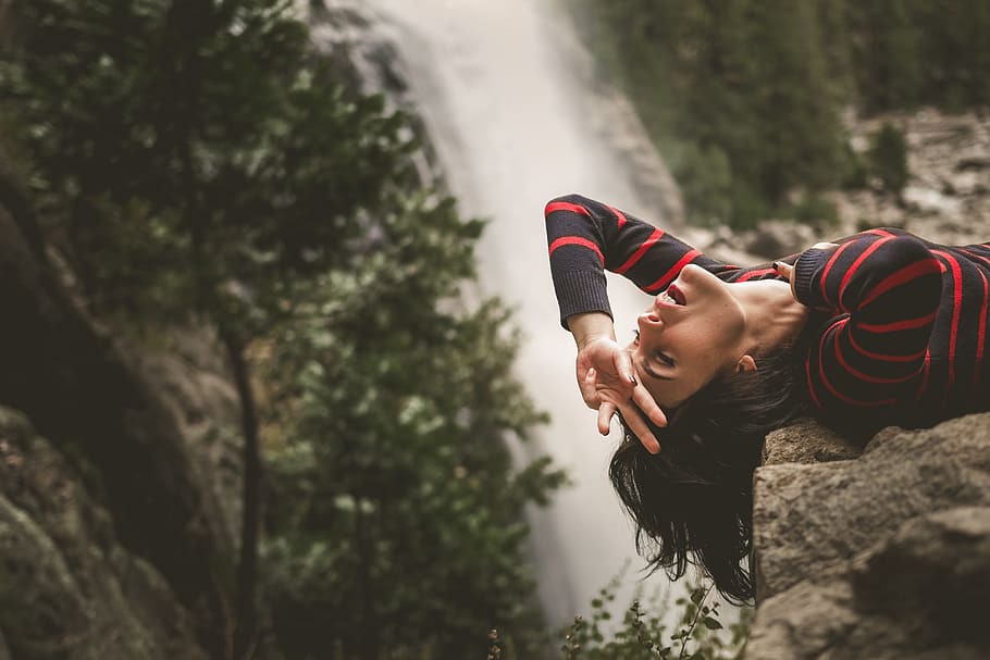waterfalls, trees, plants, nature, rocks, hill, landscape, people HD wallpaper