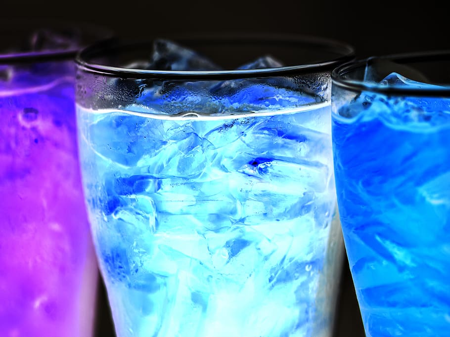 Three Lighted Cocktails Inside Drinking Glasses, alcohol, beverage