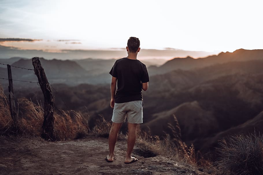 man looking at horizon, one person, rear view, sky, mountain HD wallpaper