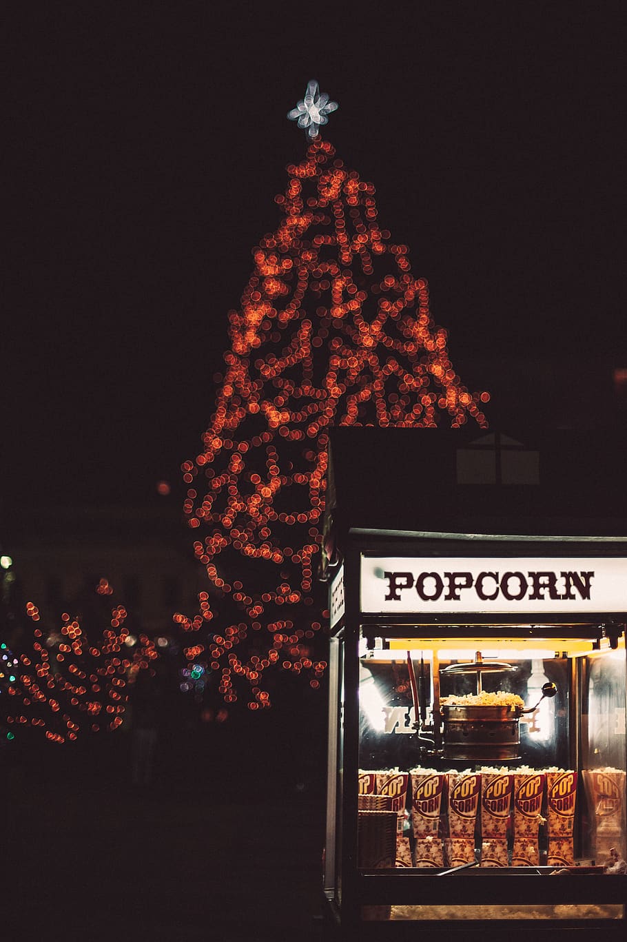 popcorn booth, tree, greece, d700, nikon, night, light, christmas HD wallpaper