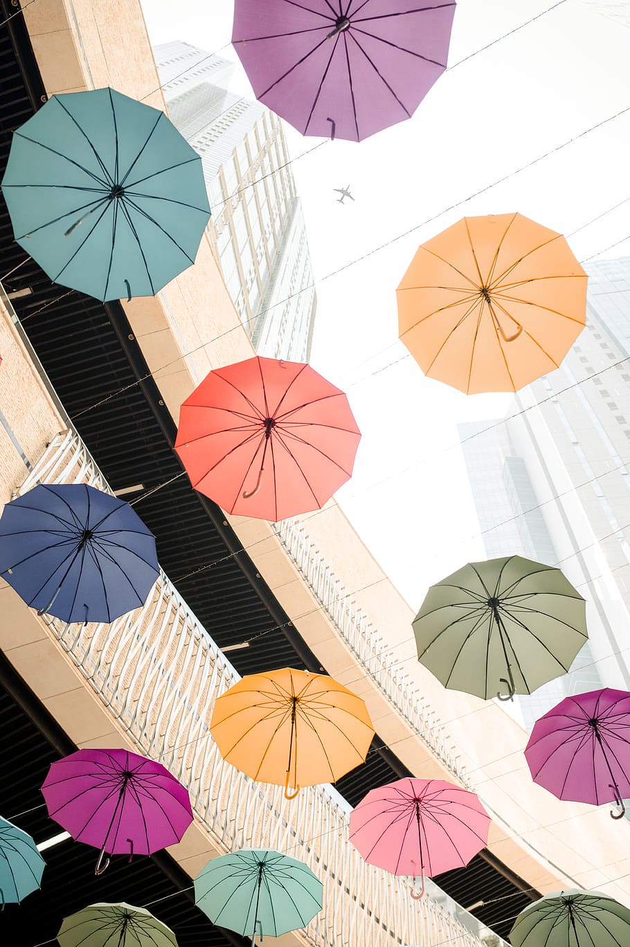 assorted-color umbrellas during daytime, protection, low angle view HD wallpaper